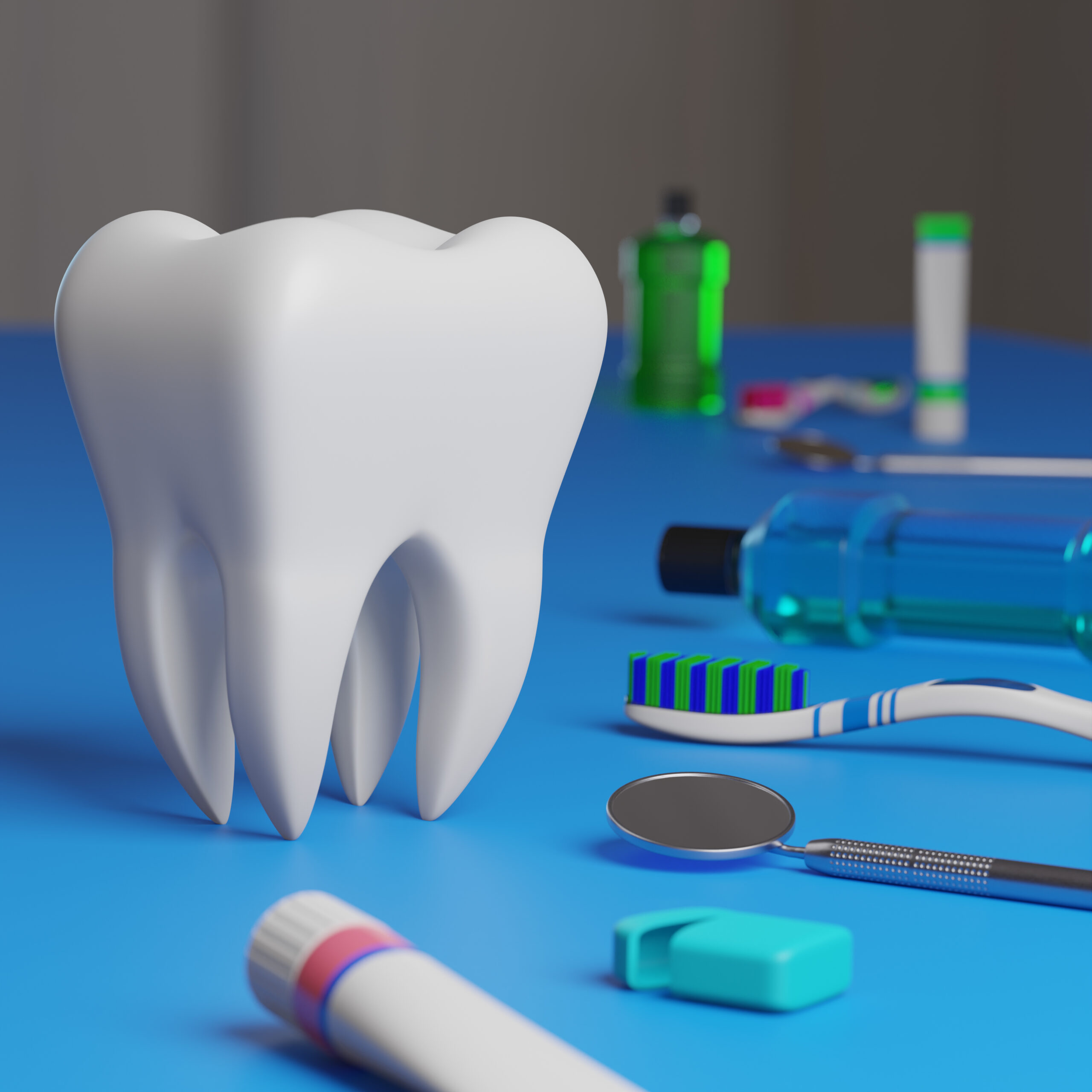 Graphic of a tool and dental care tools like toothbrush on a blue surface