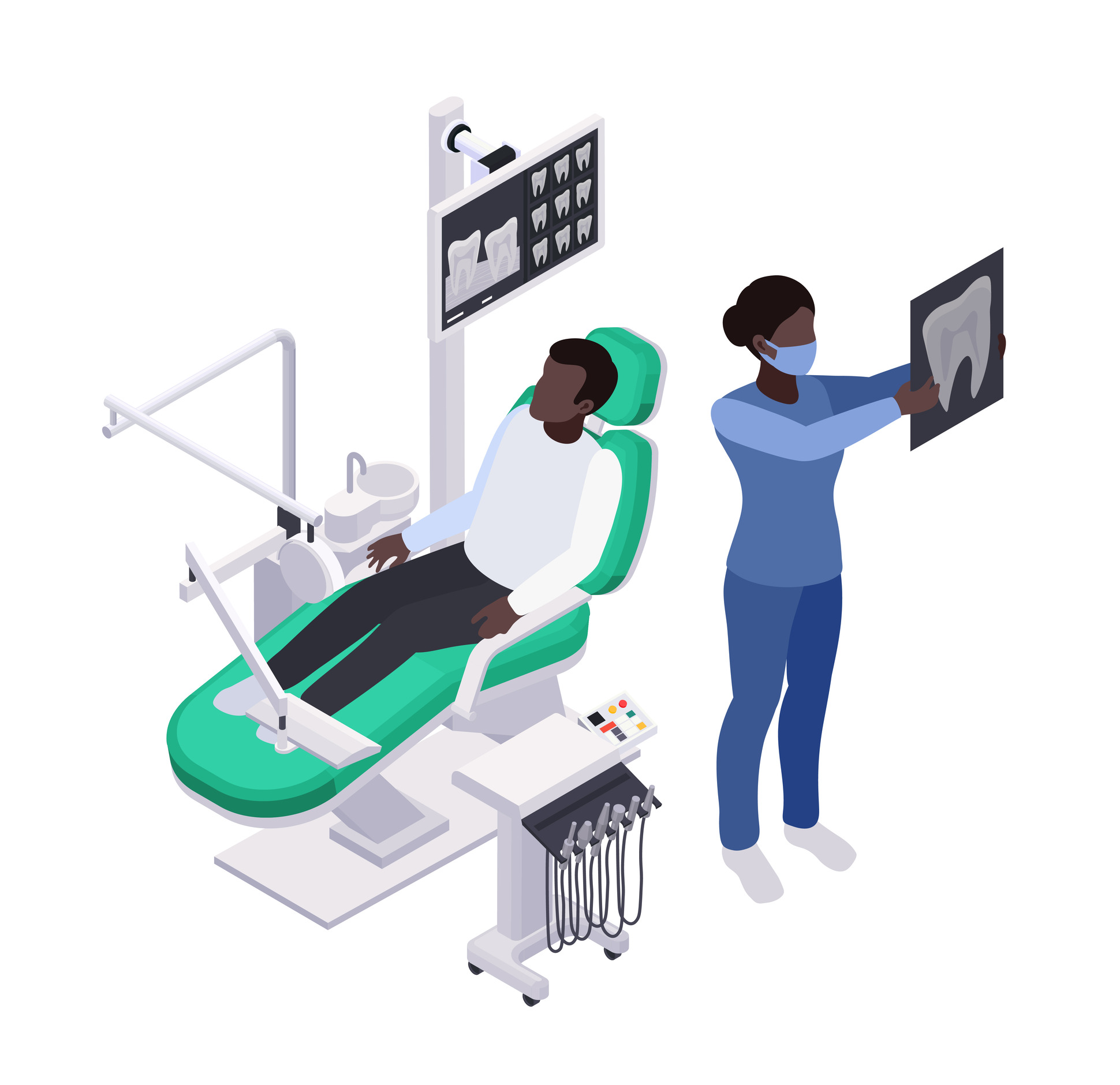 graphic of a patient in a dental clinic with a clinic personnel looking at a health record